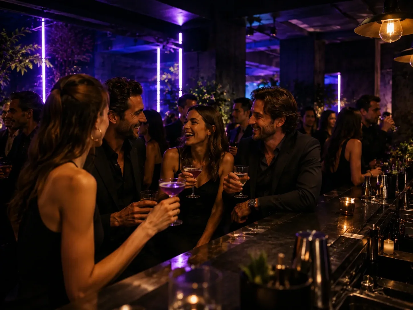 Stilvolle Gäste lachen und genießen Cocktails an der beleuchteten Bar des NOCTRA.