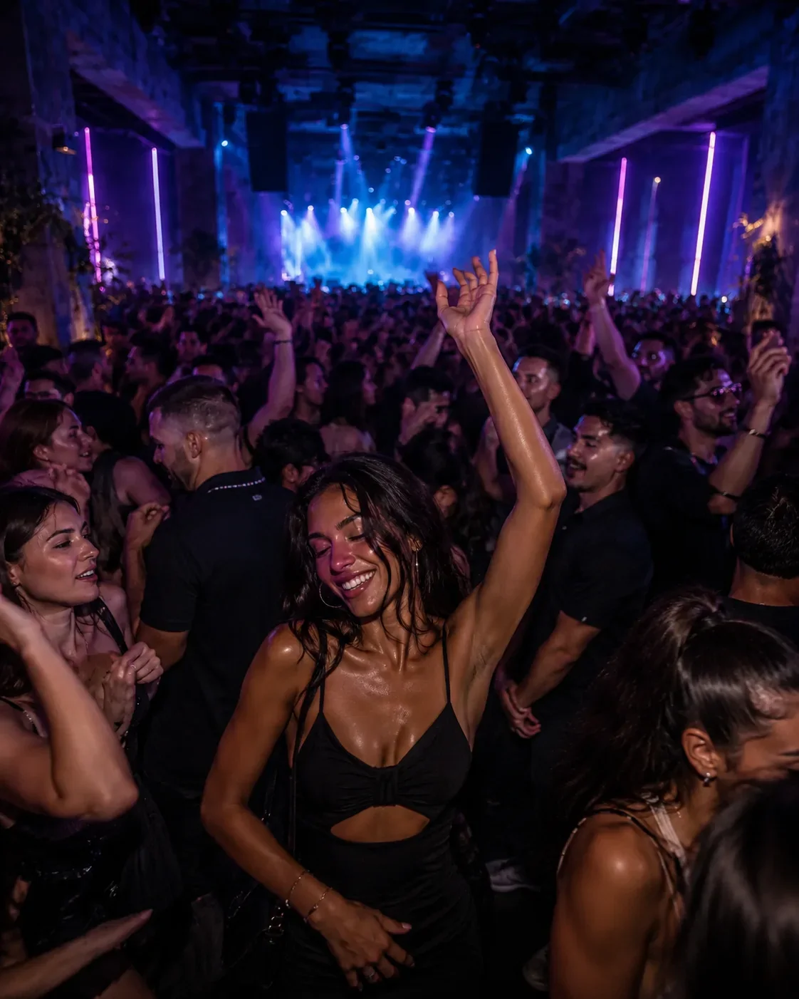 Tanzende Frau auf dem vollen Main Floor, ganz im Moment zwischen Beats, Schweiß und Licht.