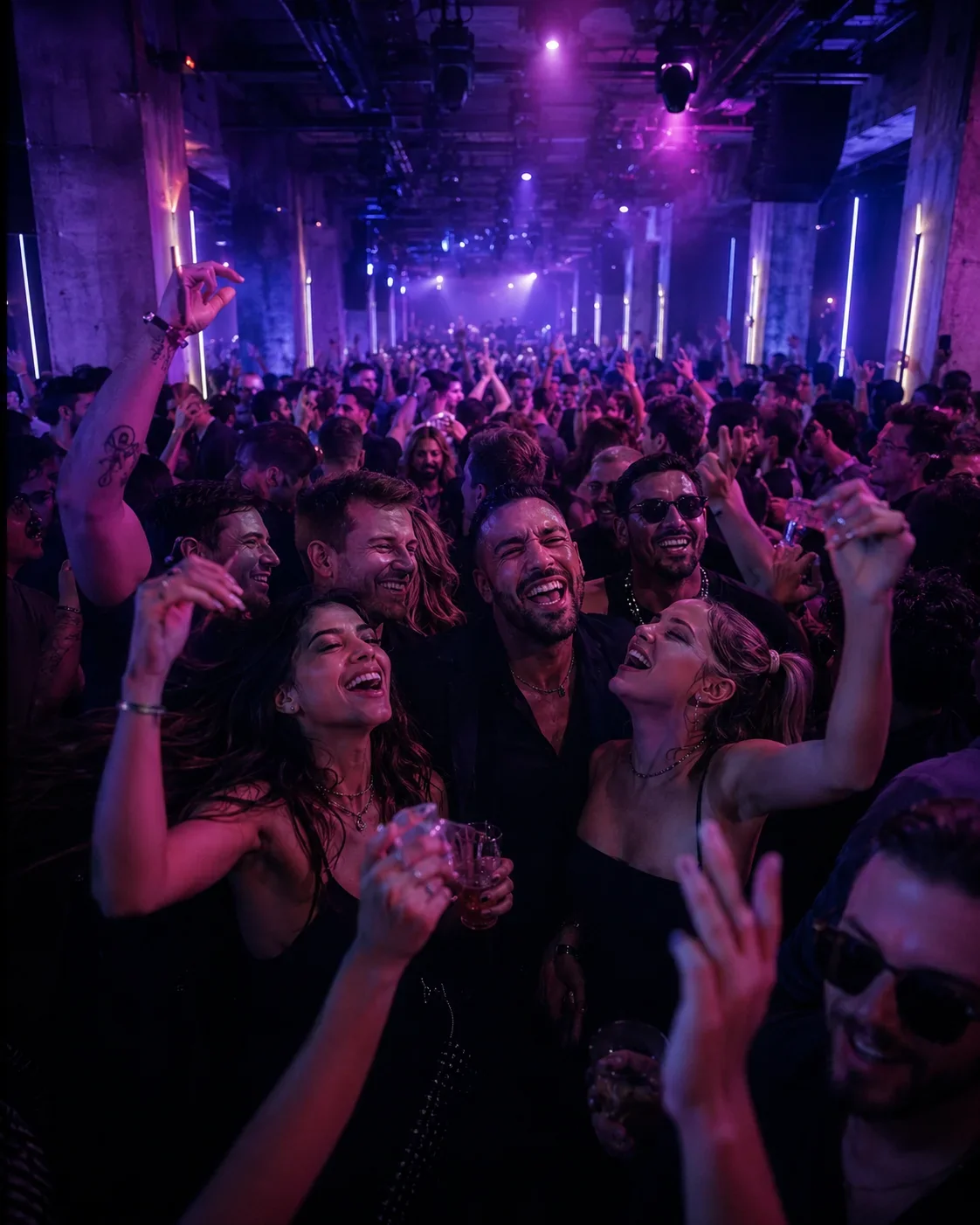Freunde feiern lachend mitten in der Menge, während der Club in violettem Licht pulsiert.