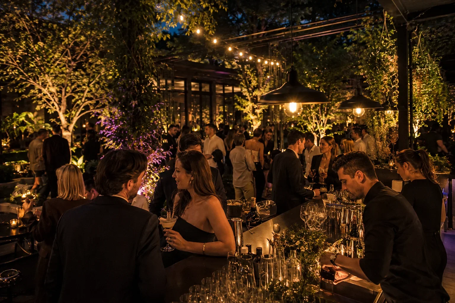 Freunde lachen gemeinsam bei Drinks während der sommerlichen Sundowner-Party im NOCTRA-Garten.