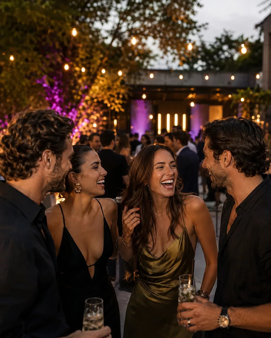 Stilvolle Gäste genießen Cocktails und entspannte Gespräche an der Gartenbar des NOCTRA.