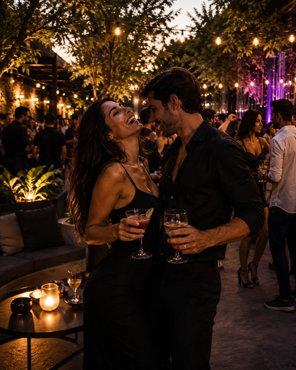 Tanzendes Paar mit Cocktails zwischen Lichterketten und Partygästen im sommerlichen NOCTRA-Garten.