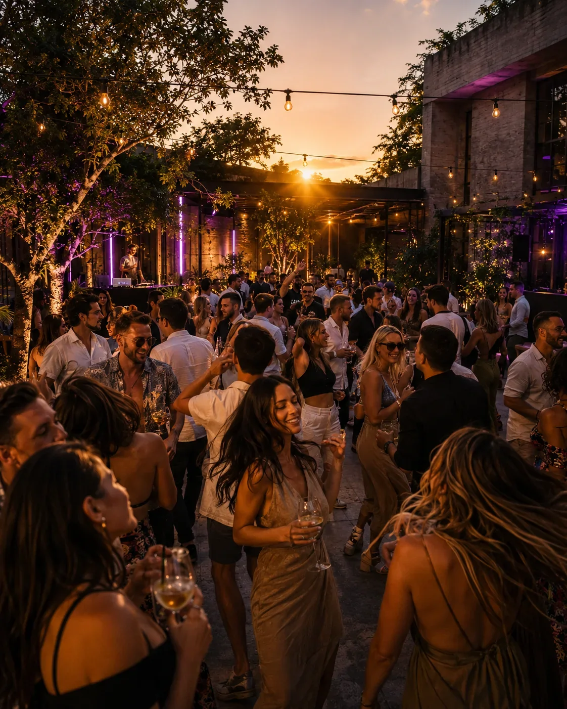 Voller Gartenfloor mit Bar, Lounge und Tanzfläche während einer stimmungsvollen Afterwork-Nacht.